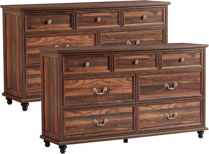 Farmhouse 7 Drawers Dresser Sets of 2 for Bedroom, Brown 54 Inch Wide Chest of Drawers w/ 4 Wooden Legs, Large Vintage Rustic Closet Dressers for Living Room, Wood TV Stand