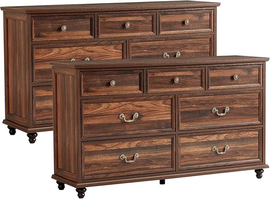 Farmhouse 7 Drawers Dresser Sets of 2 for Bedroom, Brown 54 Inch Wide Chest of Drawers w/ 4 Wooden Legs, Large Vintage Rustic Closet Dressers for Living Room, Wood TV Stand
