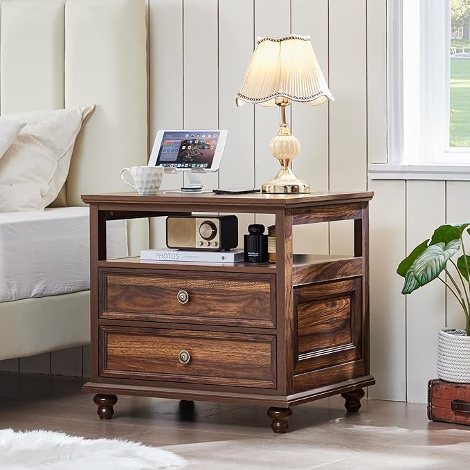 24" Wide Farmhouse Night Stand Set of 2,Large End Table with 2 Drawers & Metal Handle,Brown Wood Dresser for Bedroom, Bed Side Table Chest of Drawers Cabinet, Nightstand for Living Room,Closet