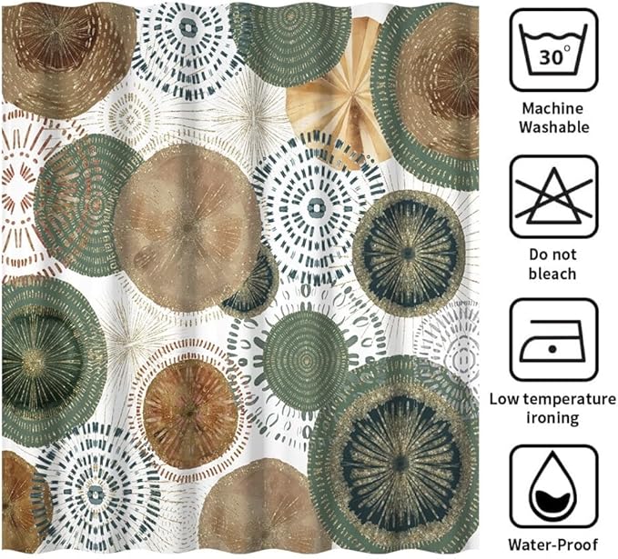 Mid Century Retro Bohemian Shower Curtain for Bathroom Green and Brown Circle Shower Curtains Abstract Geometric Design Bathroom Decor Set Washable Waterproof Polyester Fabric with Hooks 72x72 Inch