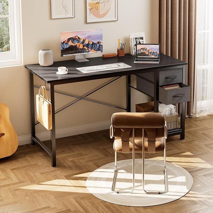 Sweetcrispy 47 Inch Computer Desk with Drawers for Home Office Writing Desk X Shaped Reinforcement Wood Surface Adjustable Position Modern Study Work Side Hook Metal Frame Storage Station Black