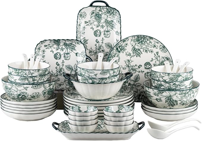 48-Piece Ceramic Dinnerware Set, Service for 8, Vintage Green Rose Floral Plates and Bowls Sets, Microwave & Dishwasher Safe, Porcelain Dinnerware Set for Kitchen & Dining