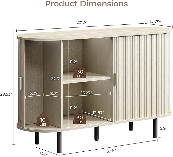 Buffet Cabinet with Storage, Fluted Sideboard Buffet with Sliding Door, Coffee Bar Cabinet with Adjustable Shelf, Console Table, Accent Table for Entryway, Kitchen (Natural White, 48 Inch)