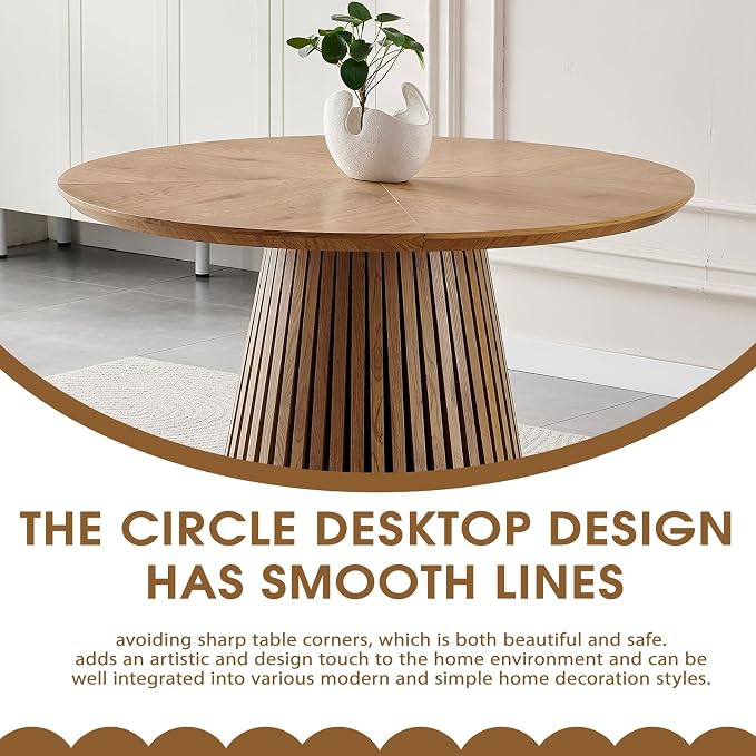 ODC 47" Modern Round Dining Table for 4, Natural Wood Grain Kitchen Table with Slatted Pedestal Base, Mid-Century Round Table for Dining Room, Small Dining Table for Kitchen & Home Office, Table Only