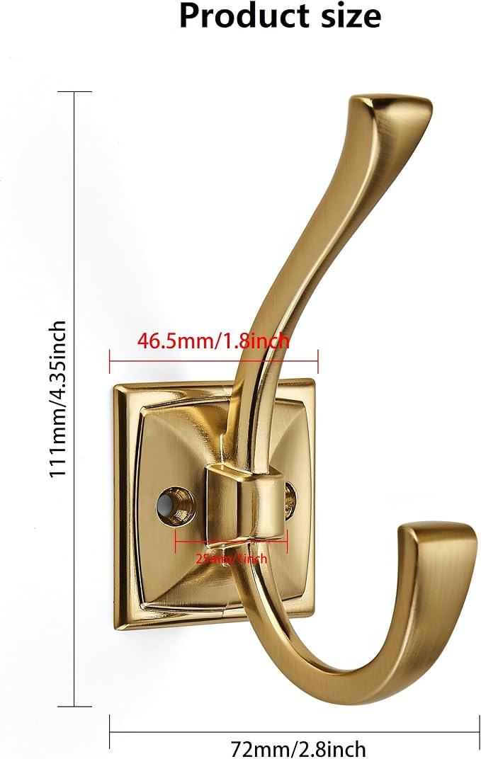 2 Pack Decorative Heavy Duty Towel Hooks for Hanging Robe Double Champagne Bronze Coat Hooks Wall Mounted with Screws for Key, Towel, Bags, Cup, Hat