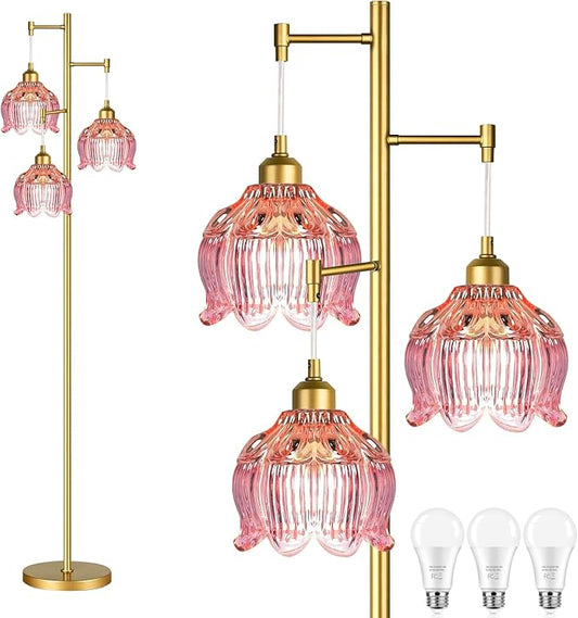 Pink Floor Lamp for Living Room,Bedroom,Gold Mid Century Modern Standing Lamp Brass Tree 3 Light Tall Floor Lamps Retro Floor Lights Glass Flower Lamp Shade Girls Kids Boho Bohemian