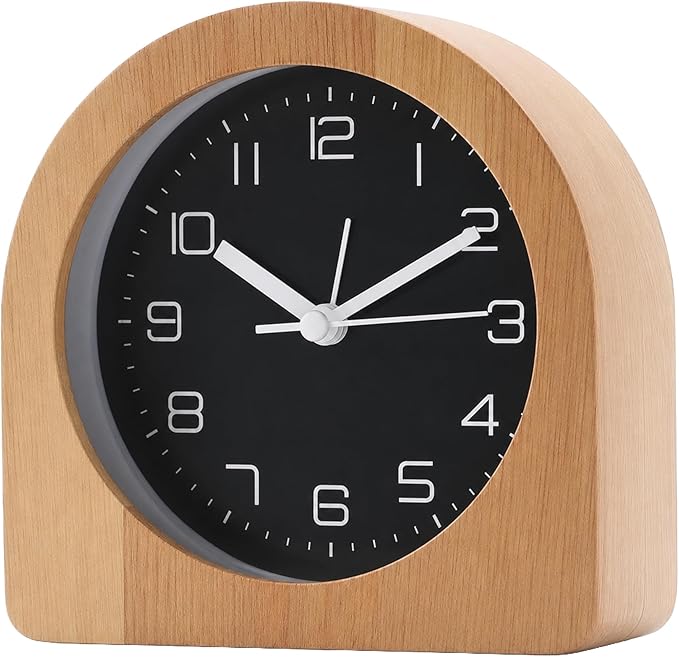 Analog Alarm Clock 5" Silent Non-Ticking Small Solid Wood Desk Clocks Battery Operated Simple Style Retro Table Clock for Office/Bedroom/Kitchen/School/Bedside/Shelf (Light Wood, Arch)