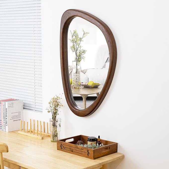 Irregular Wall Mirror, 20 x 30in Wooden Frame Asymmetrical Mirror, Large Home Decor Wall Mirrors, Hanging Vertically and Horizontally, for Bathroom, Living Room, Entryway (Walnut Colour)