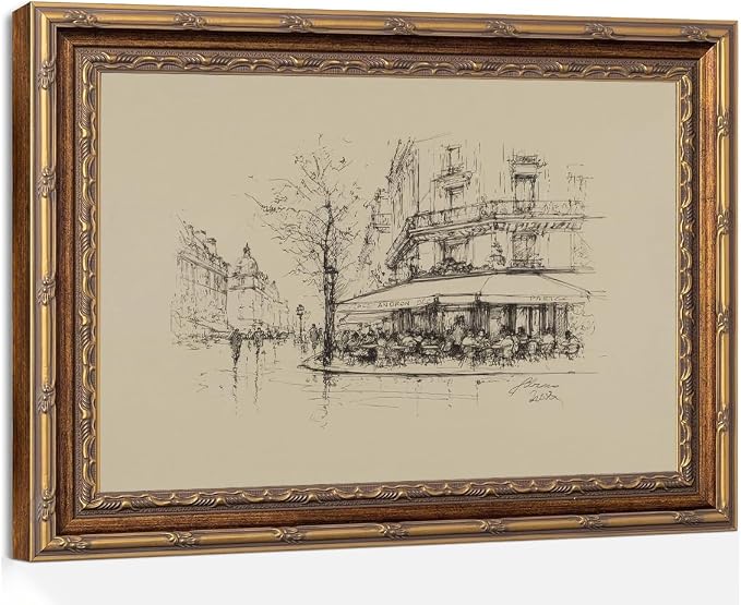 Vintage Paris Street Cafe Sketch Wall Art Print, Gold Framed European Cityscape Poster Living Room and Bedroom Decor 8x10 Inch
