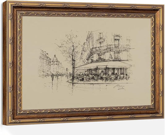 Vintage Paris Street Cafe Sketch Wall Art Print, Gold Framed European Cityscape Poster Living Room and Bedroom Decor 8x10 Inch
