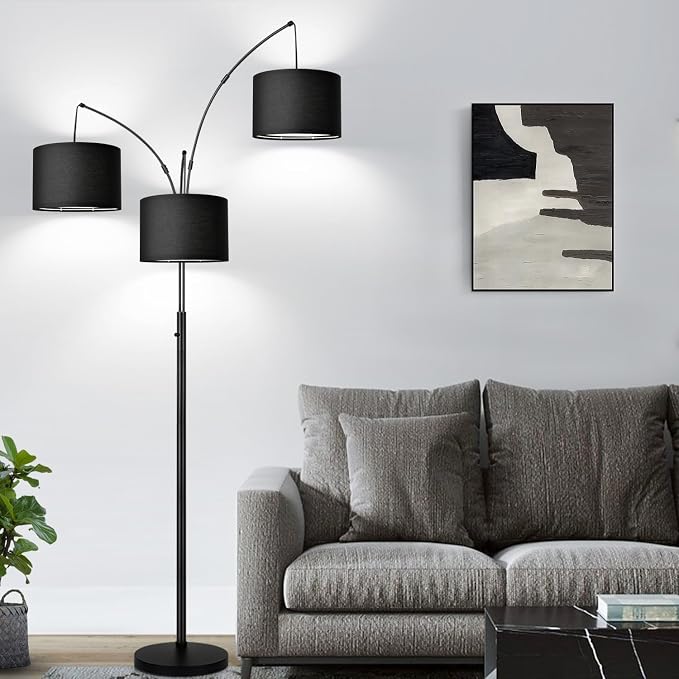 Dimmable Floor Lamp - 3 Lights Arc Floor Lamps for Living Room, 1000LM Modern Tall Standing Lamp With Black Shades & Heavy Base, Mid Century Tree Floor Lamp for Bedroom Office, 3 LED Bulbs Included