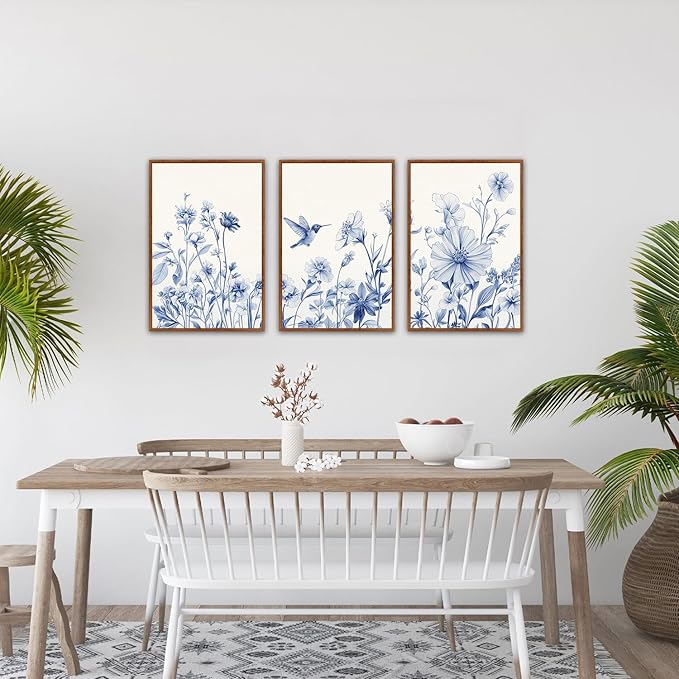 HLNIUC Blue Flower Bird Wall Art Set,Large Canvas Wall Art Blue White Wildflower Poster,Farmhouse Vintage Blue Bird Blossoms Canvas Painting,Botanical Floral Art Print for Living Room Bedroom-16"x24"x3