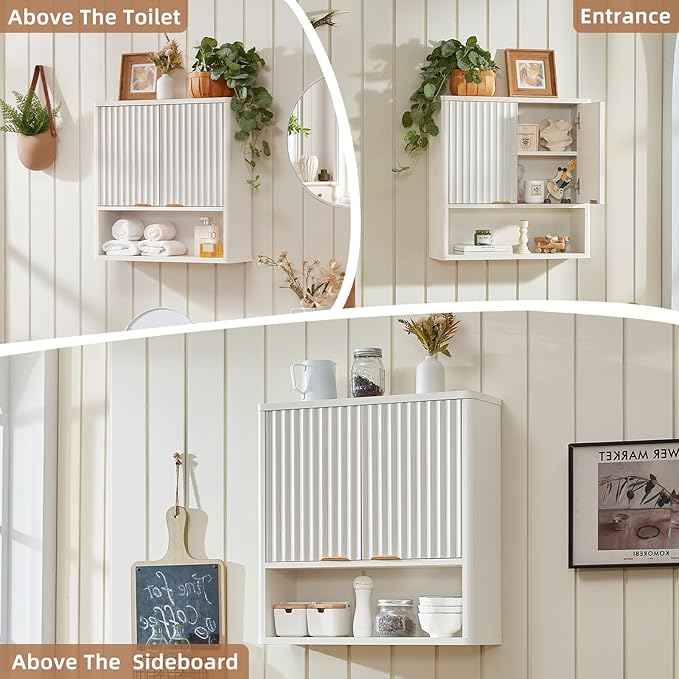 LEYAOYAO Fluted Bathroom Wall Cabinet, Wall-Mounted Medicine Cabinet with Adjustable Shelf & Doors, Farmhouse Floating Over The Toilet Storage Cabinets for Laundry Room, Kitchen, Living Room (White)
