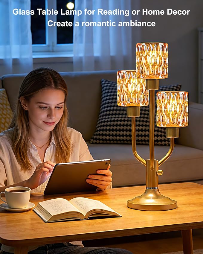 Lightdot Mid Century Modern Table Lamp for Bedroom Dimmable Nightstand Lamp Vintage Gold Desk Lamp Amber Glass 3 Bulbs Included Warmwhite Ambient Bedside Lamps for Living Room Home Office Decor Gift