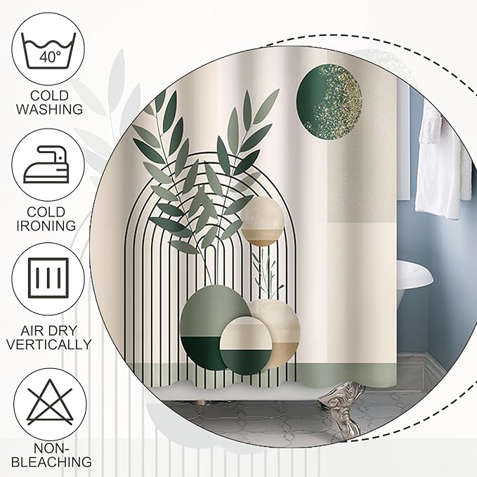 Baocicoo Mid Century Bohemia Green Moon Leaves Shower Curtain - Geometric Aesthetic Bathroom Decor - Polyester Durable Shower Curtain with Hooks - 48x72 Inches