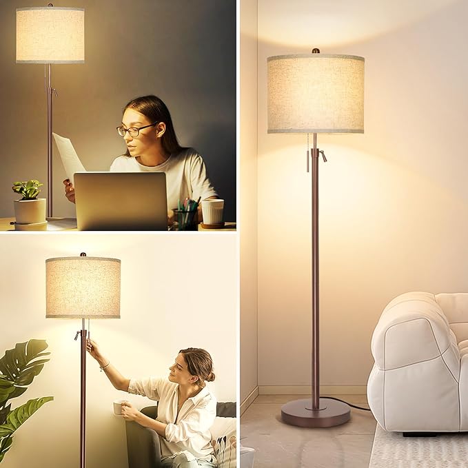 Qingmiao Metal Brown Floor Lamp for Living Room, Adjustable Height Standing Lamp, Pole Light for Bedroom, with Linen Shade and Metal Base, Pull Chain Switch, 3-Way 8W LED Bulb Included
