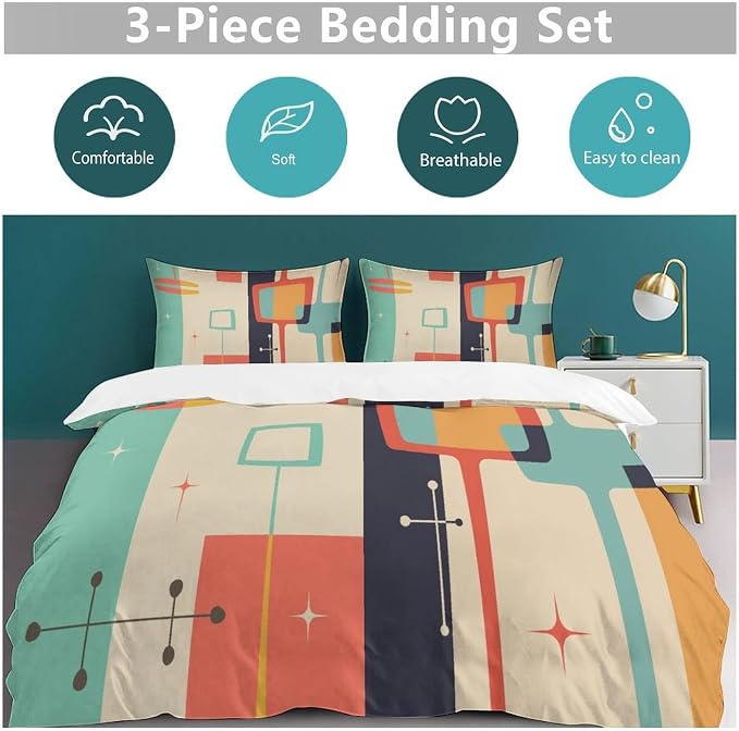 Mid Century Duvet Cover Queen Retro Atomic Bedding Set, Rainbow Grid Comforter Cover Vintage Fifties 1950s Bed Set，Abstract Art Bedding 3 Piece (1 Duvet Cover 102"x90" + 2 Pillow Sham 20"x30")