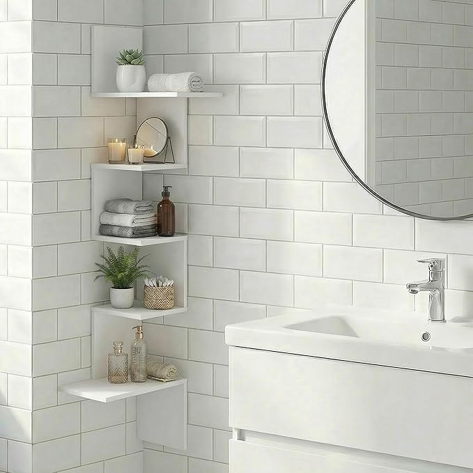 Furinno Rossi Corner Floating Shelves for Wall, 5-Tier Corner Rectangular Wall Shelf, S-Shape Radial Floating Book Shelf, Easy Assembly, for Bathroom, Bedroom, Living Room, White