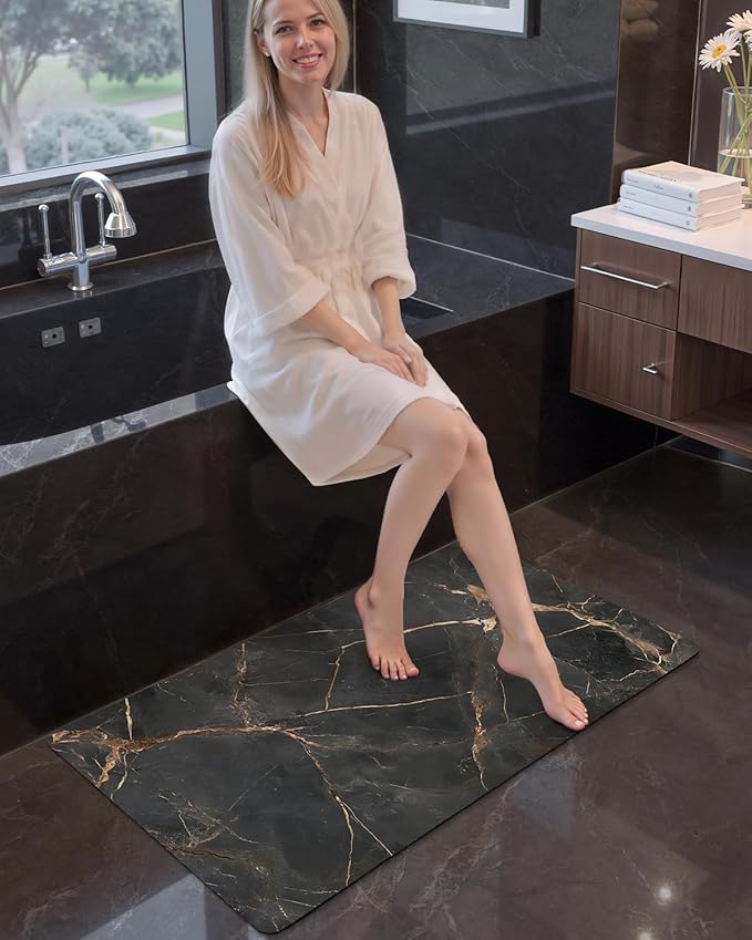 Color&Geometry Ultra Thin Bath Mat, Non Slip Quick Dry Rugs,Absorbent Marble Bathmat,24"x36",Washable Rubber Mats for Shower Floor,in Front of Bathtub,Bathroom Decor,Gold-Veined Marble-Patterned