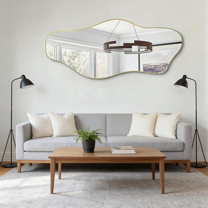 Large Irregular Mirror, 60"x24" Asymmetrical Tempered Glass Mirror Decorative, Gold Abstract Wall Mirrors for Dressing, Modern Frameless Mirrors for Living Room Bathroom Bedroom Hallway Entryway