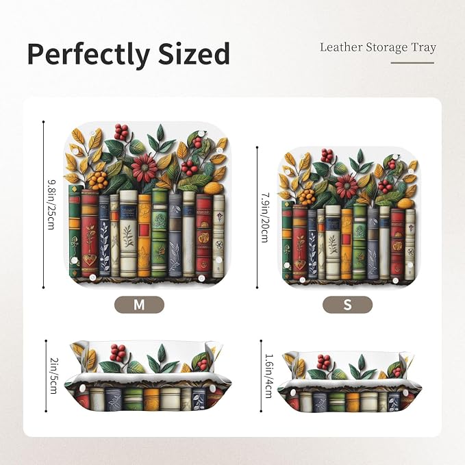 Retro Wooden Row Of Colorful Books Valet Tray Leather Portable Tray Desktop Storage Organizer Bedside For Men Women Jewelry Keys Coin Candy Sundries