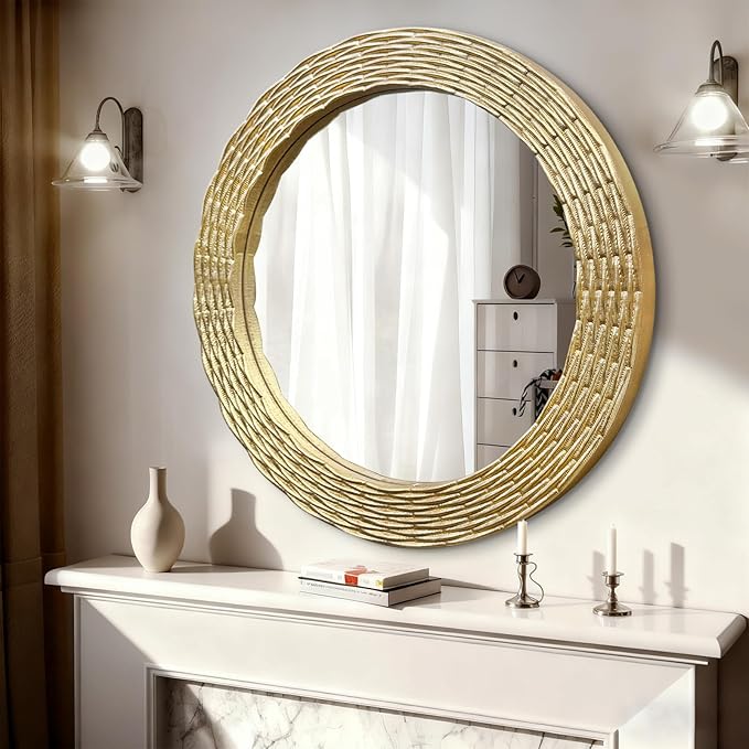 WAMIRRO Gold Round Wood Mirror, 36 Inch Hand Carved Solid Wood Frame Circle Mirror for Wall Mount, Farmhouse Boho Decor for Living Room, Bathroom, Bedroom, Hallway & Entryway