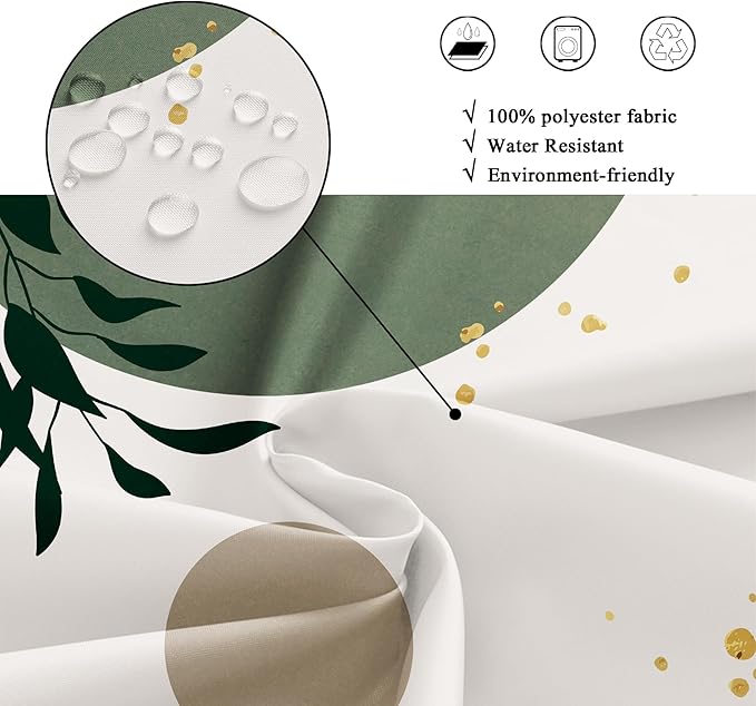 Riyidecor Small Stall Sage Green Boho Mid Century Shower Curtain for Bathroom Decor 36Wx72H Modern Abstract Gold Leaves Minimalist Geometric Art Printed Fabric Polyester Waterproof 7 Pack Plastic Hook