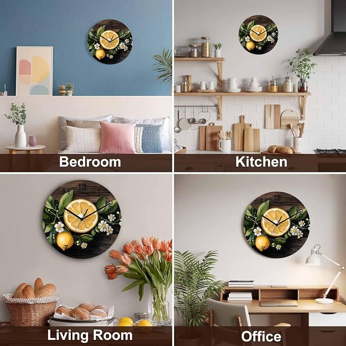 Lemon Flowers Wall Clock Battery Operated Non-Ticking 12" Round Wood Clocks, Vintage Style Kitchen Wall Clock for School Bathroom Living Room Home Office Wall Decor