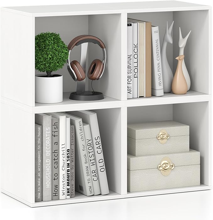 Giantex 4-Cube Bookcase, Stackable White Cube Storage Organizer w/Open Bookshelf, Wooden Display Shelving Unit for Small Space, DIY Modular Cubby Storage System for Home, Study, Living Room