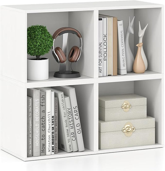 Giantex 4-Cube Bookcase, Stackable White Cube Storage Organizer w/Open Bookshelf, Wooden Display Shelving Unit for Small Space, DIY Modular Cubby Storage System for Home, Study, Living Room