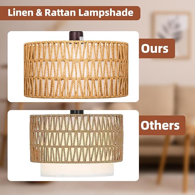 Boho Floor Lamp with Dimmable Bulb, Rattan &Linen Double Shades, Bronze Boho Standing Tall Lamps with Foot Switch, Bohemian Floor Lamps for Living Room, Bedroom, Office