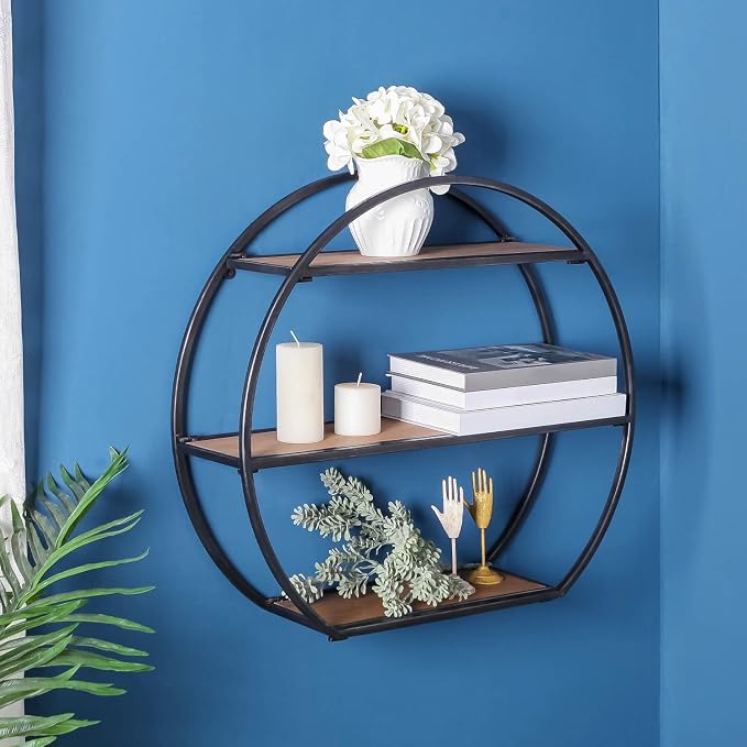 Industrial Style Semi-Circle Shaped Wall Shelves, 3 Tier Decorative Floating Ledge Shelves, Wall Mounted Metal Bracket Wooden Display Hanging Shelf