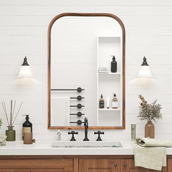 24"x36" Arch Wall Mirror Bathroom Mirror for Wall Mounted, Tempered Glass, Wood Grain Finish Frame Wall Mirror Decorative for Living Room Bedroom Entryway, Natural