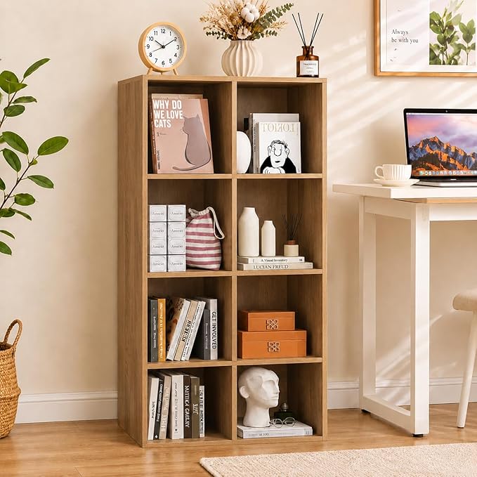 POWERSTONE 8 Cube Storage Organizer, Open Cube Bookshelf with Back Panels, Modern Display Cubby Bookcase for Bedroom Living Room Home Office, Natural