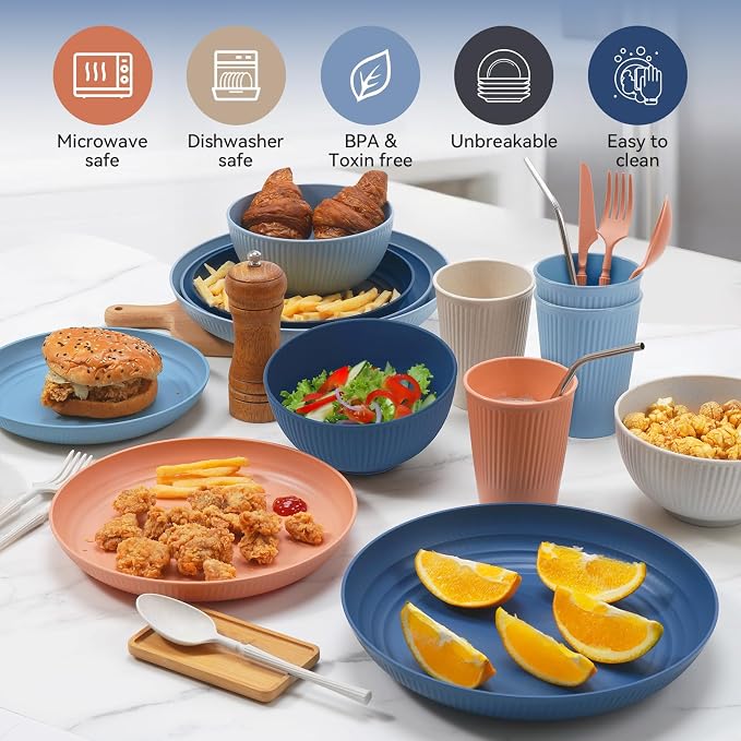 Hommaly Wheat Straw Dinnerware Sets,64-Piece Plates and Bowls Sets for 8-Unbreakable,Reusable Plastic Dish Set-Dinner Plate/Dessert Plate/Cereal Bowl/Cup/Utensils-Dishwasher Safe 64P-Coral Coast