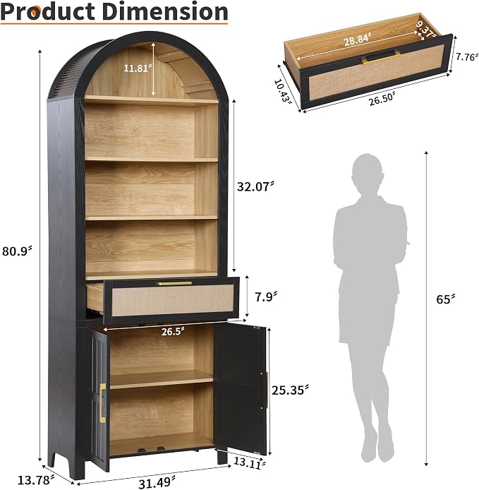 81" Tall Arched Bookcase, 4 Tiers Arch Bookshelf with Doors Storage and Drawer, Modern Farmhouse Book Shelf with Adjustable Shelves, Wood Bookshelf w/Open Display for Living Room, (Black/Natural, 2PC)