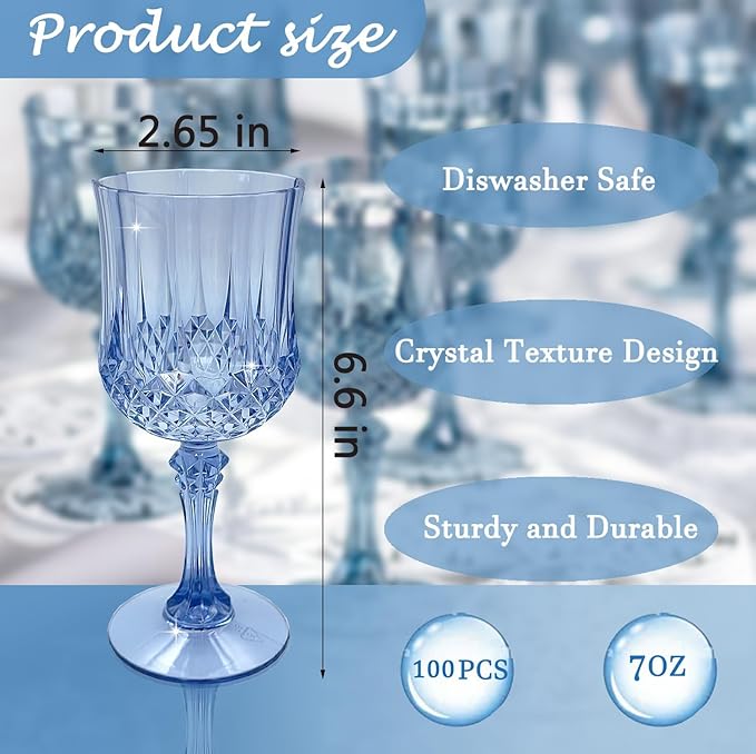 Plastic Wine Glasses, Plastic Goblets Vintage Style Cordial Drinking Glasses for Valentine’s Day, Wedding Reception, Grand Event Party Supplies (100, Blue)