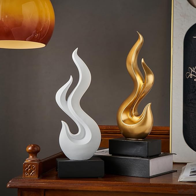Modern Abstract Art Table Decoration, Gold Decor Flame Statue for Living Room Home, Black Shelf Decor Accents, Abstract Art Resin Sculpture for Dining Room, Office & Coffee Table Centerpiece (Gold)