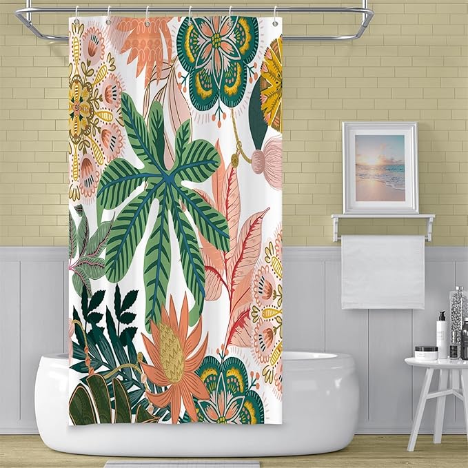Boho Floral Bathroom Shower Curtain - Tropical Green Leaves, Pink Flowers - Waterproof Polyester Fabric - Mid Century Modern Decorative, 36x72 Inch