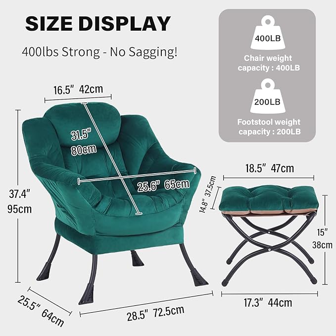 Tiita Lazy Chair with Ottoman, Green Modern Large Accent Chair, Comfy Leisure Sofa Armchair with Ottoman, Reading Chair with Footrest for Bedroom, Living Room, Dorm Rooms, Velvet Green