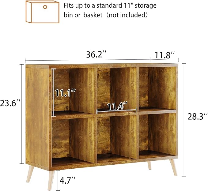 6 Cube Storage Organizer, Wood Bookcase with Legs, Modern Freestanding Cubby Shelving Unit, Book Shelf Toy Storage Cabinet for Bedroom, Living Room, Kids Room, Fits 11 Inch Bins, Rustic Brown