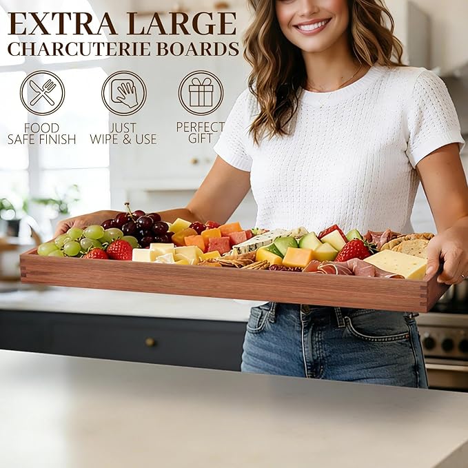 MAONAME Extra Large Cherry Wood Serving Tray with Handles, 36 x 12 inches Wooden Ottoman Tray, Long Serving Board for Party Breakfast Dinner, Classic Charcuterie Board for Meat, Cheese & Appetizers