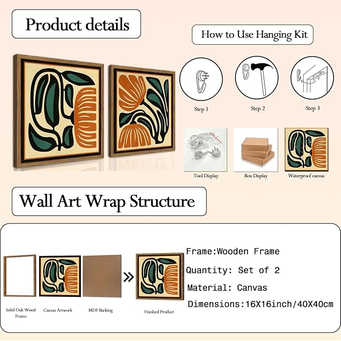 Mid Century Floral Wall Art Set of 2, Modern Square Abstract Botanical Wall Decor Picture, Vintage Boho Eclectic Plant Canvas Prints Paintings for Bedroom Living Room 16x16 inch Wood Framed