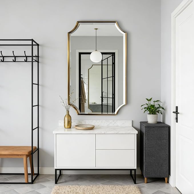 POZINO Brushed Gold Beveled Mirror, 24"x40" Modern Brass Bathroom Mirrors in Stainless Steel Frame, Rounded Rectangle Mirror for Vanity Bathroom Bedroom Living Room Fireplace Entryway