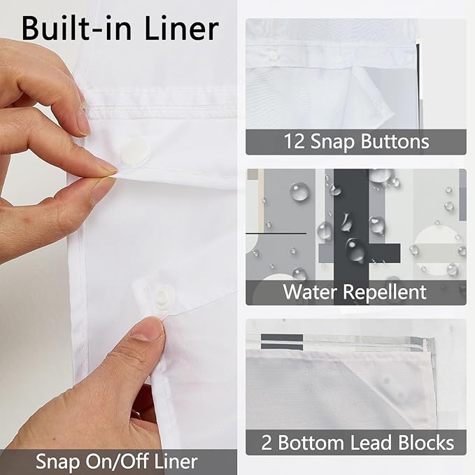 No Hook Shower Curtain with Snap in Liner - Gray & Beige Modern Geometric Shower Curtain with See Through Top Window, Waterproof Cloth Fabric, 71x74 Inch
