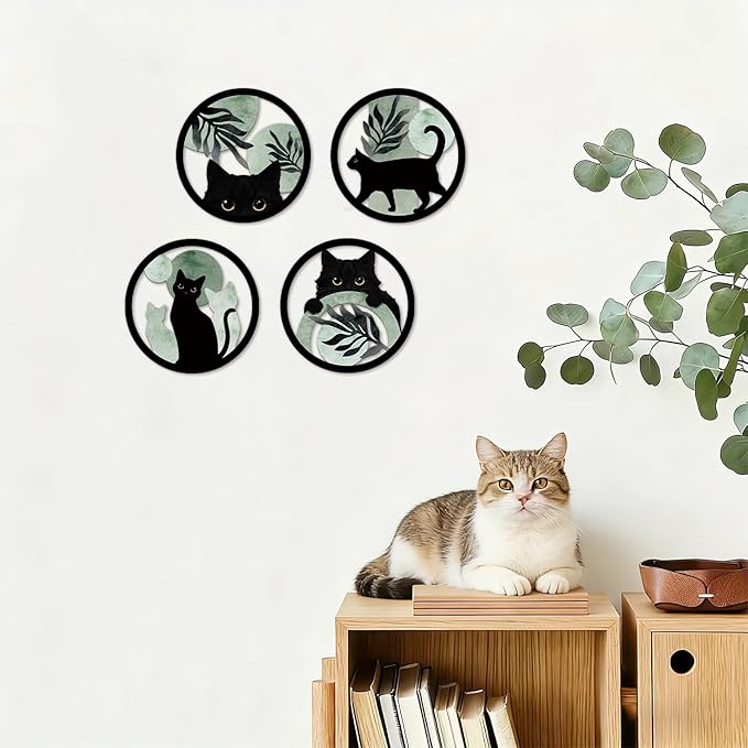 TOARTi 4PCS Boho Black Cat Wooden Wall Art,Sage Green Cats Round Wall Decor,Bohemian Green Plant Hanging Art,Minimalist Botanical Kitty Artwork for Farmhouse Bedroom Living Room Black Cats Room Decor