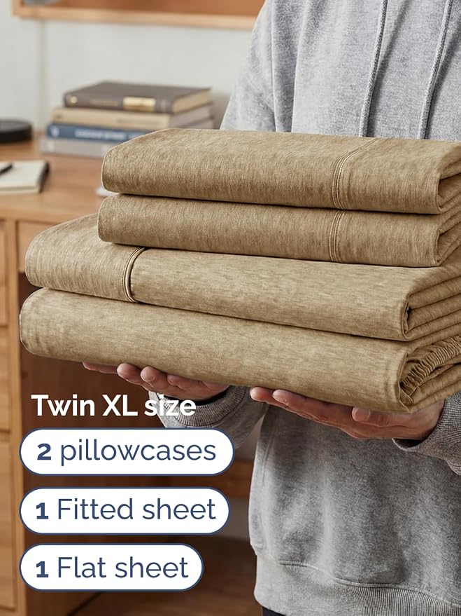 Extra Deep Twin XL Sheet Set - 4 Piece College Dorm Bed Sheets Set with Extra Deep Pockets - Ultra-Soft, Comfy & Breathable Bedding for Women, Men, Kids & Teens - Wrinkle & Fade Free - Heathered Tan