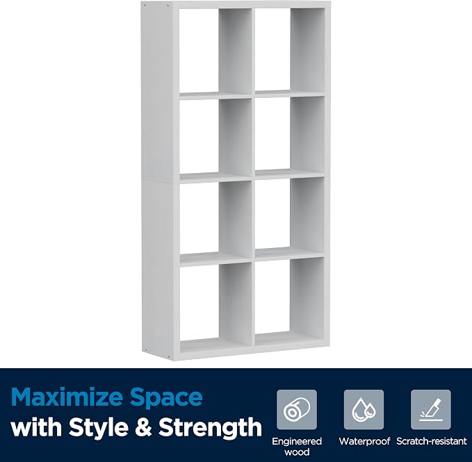 8 Cube Storage Organizer, Cube Shelf with Heavy-Duty Thick Boards, 25.12" L x 9.37" W x 48.74" H, Smooth Easy-Clean Panels, Simple Assembly, for Living Room Bedroom Office, White