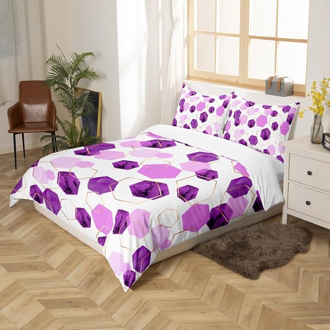 Erosebridal Purple Duvet Cover Full Size for Boys Girls Geometric Hexagon Bedding Sets Modern Abstract Art Decor Bed Set Lavender Marbling Striped Bed Cover with 2 Pillow Cases