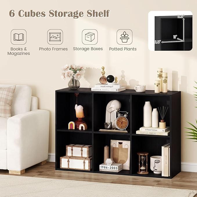 Tangkula 6-Cube Bookcase, Large Floor Standing Horizontal Bookshelf with 6 Open Shelves & 2 Anti-Tipping Kits, Home Office Wooden Storage Book Shelf for Living Room, Study (Black, 6-Cube)